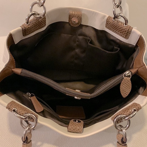 COACH Penelope Ivory Leather Brown Snakeskin Carryall Tote Bag - Picture 4 of 11